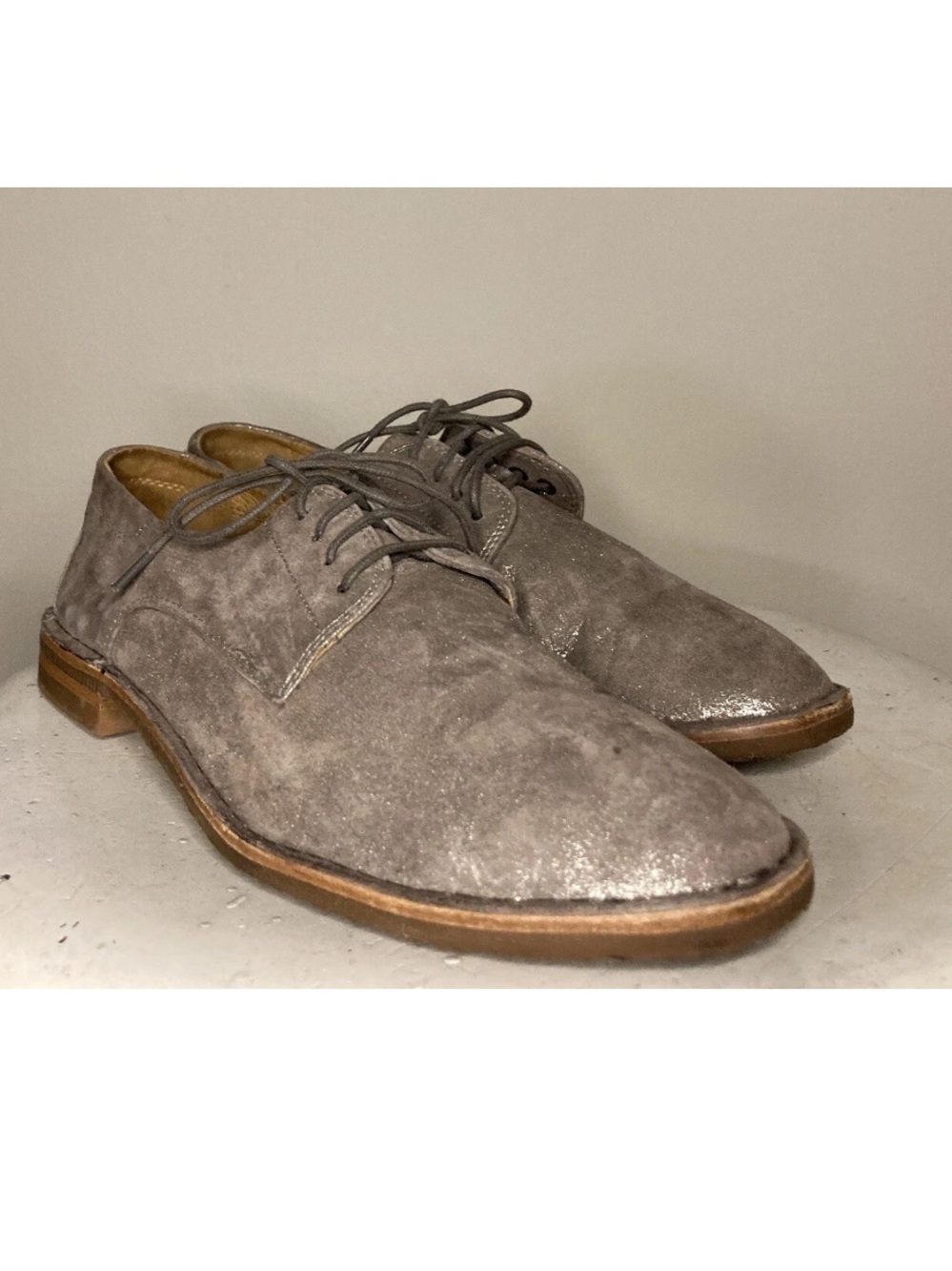 Trask Ana Suede Pewter Metallic Leather Oxford Loafers Lace Up Shoes Size 8